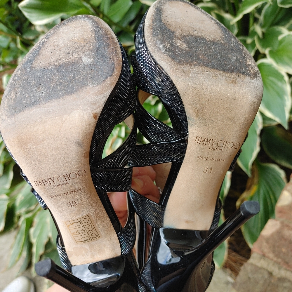 JIMMY CHOO 142 "COLLAR" ZEBRA LAME GLITTER SANDAL, BLACK/AMBER 39 - Picture 15 of 16